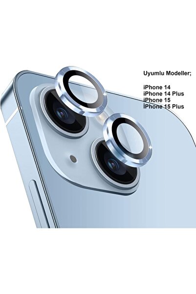 Evax İphone 14 / 14 Plus / 15 / 15 Plus Uyumlu Kamera Koruyucu Lens Mercek Metal Çerçeveli 2'li Set