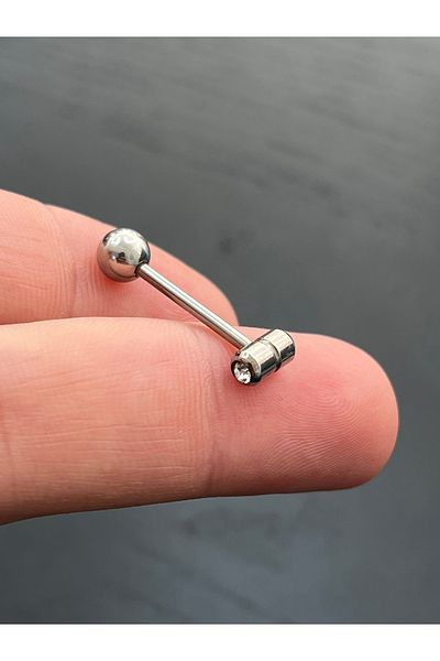 Karınca Piercing Silver Colored Pill Shaped Tongue Piercing with Stones