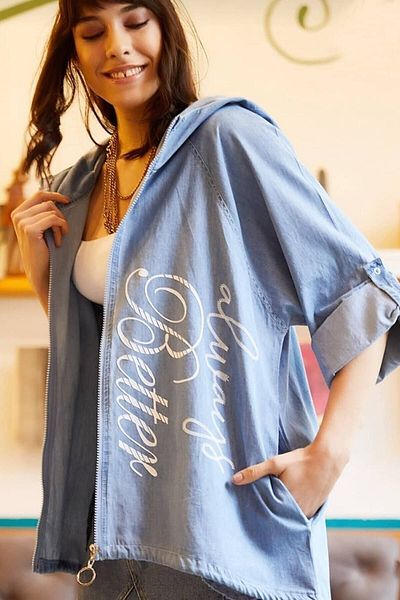 Paye Butik Jachetă albastră de damă, subțire, cu glugă, din denim Pybtkc4001