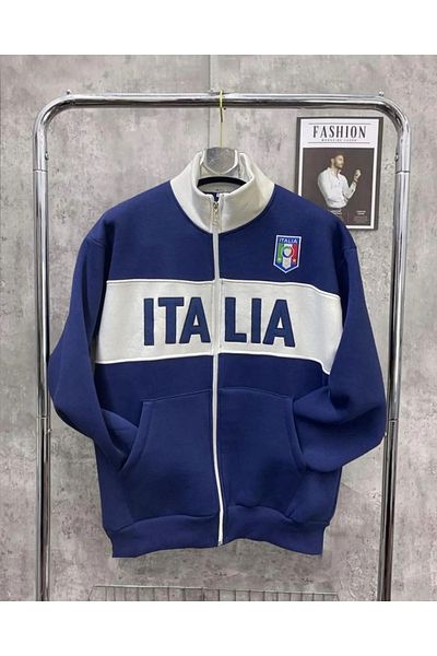 npLStore Unisex Μεγάλο Μέγεθος Italy Printed Navy Blue Λευκό Χρώμα Χοντρό μπουφάν