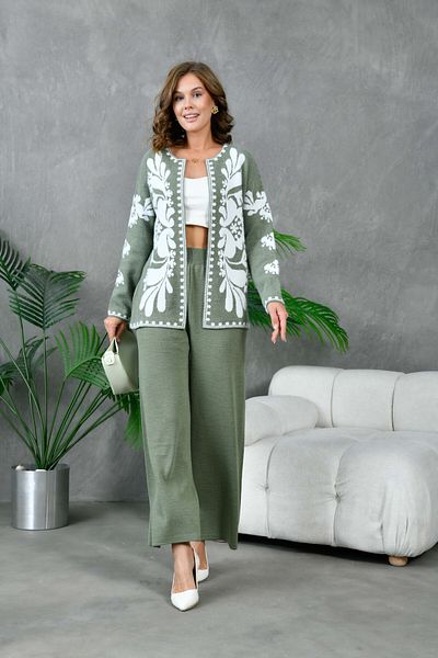Miss Allos White Patterned Knitwear Cardigan and Trousers Set - Women