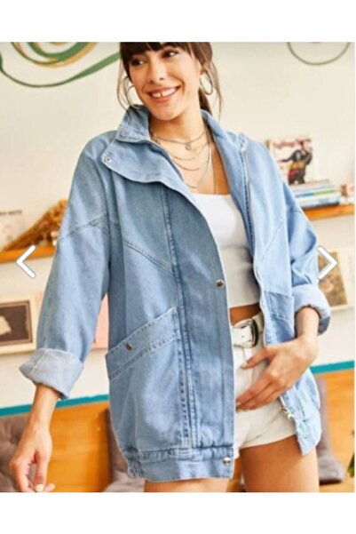 Paye Butik Jachetă de denim lungă, cu fermoar, cu buzunar albastru, pentru femei