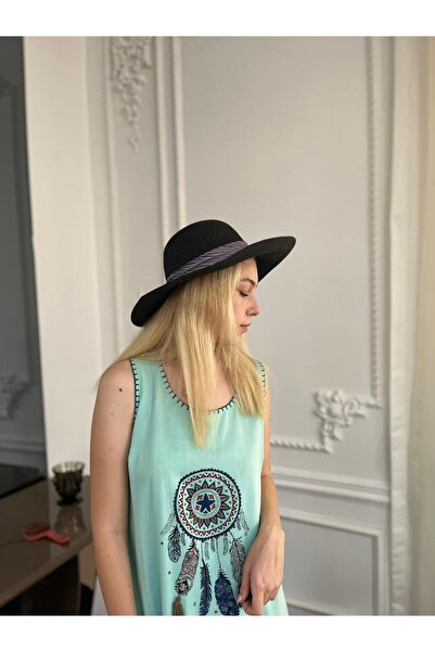 Bohemian Black Straw Women's Beach Hat - with Wide Band and Bow