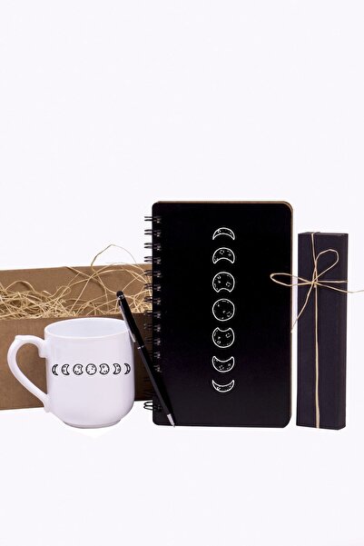 Kitaplı Hediye Ayın Evreleri Tasarımlı Ajanda Kupa Kalem Hediye Seti - Arkada...