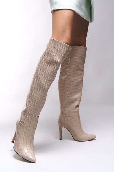 Riccon Γυναικείες μπότες με μυτερό τακούνι Gishophe Beige Crocodile - 00127000
