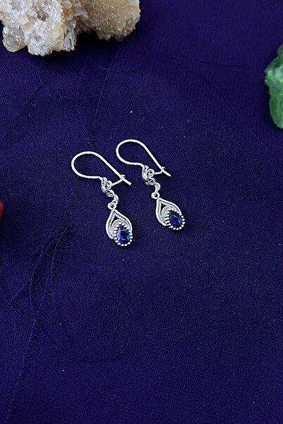 Agai Silver Yaprak Model Safir Taşlı Telkari El İşçiliği Gümüş Kadın Küpe