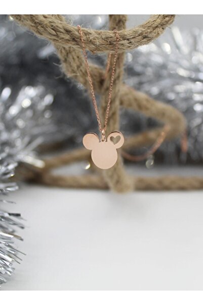 Agai Silver Micky Mouse Model Rose Kaplama Gümüş Çocuk Kolyesi