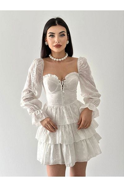 Afiş Butik Mini Dress with White Guipure Lace Up Floor Skirt