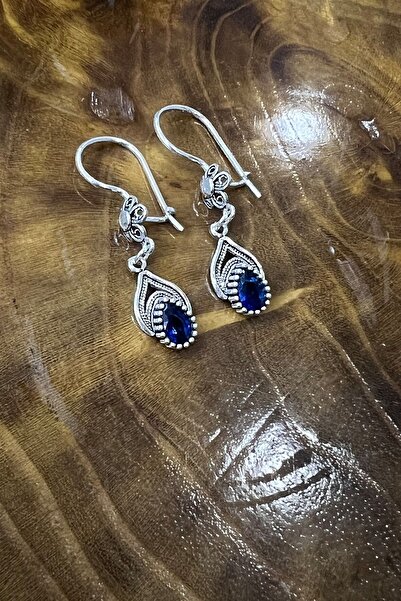 Agai Silver Yaprak Model Safir Taşlı Telkari El İşçiliği Gümüş Kadın Küpe