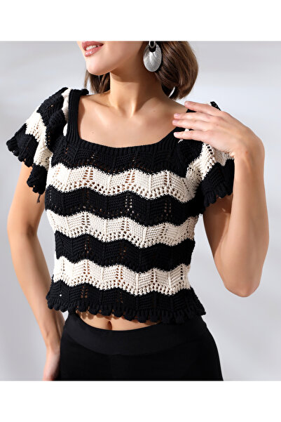 KOÇER Crop Short Summer Black and White Striped Knitwear Sweater