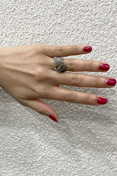 Agai Silver Sitrin Taşlı Damla Model Telkari El İşçiliği Gümüş Kadın Yüzük