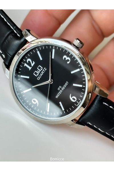 Q&Q Brand Retro Black Color 24 months Warranty, Waterproof, Leather Strap Men's Wristwatch+Bracelet