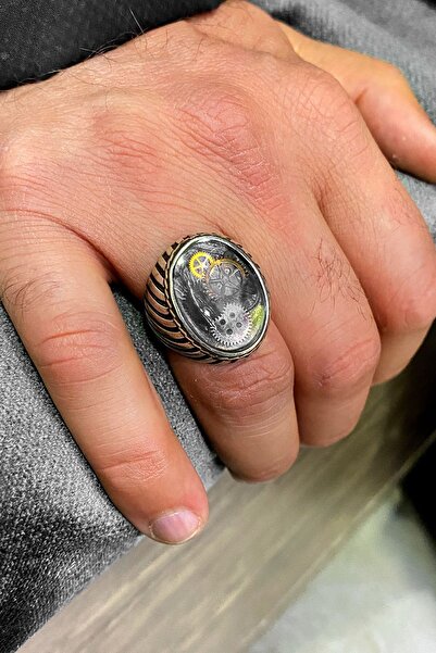 Agai Silver Saat Çarkı Model Mineli Gümüş Erkek Yüzük