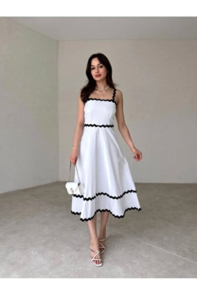 Afiş Butik Zigzag Detailed White Midi Strap Dress