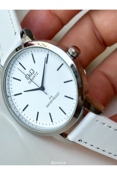 Q&Q Brand Retro White Color, 24 months Warranty, Waterproof, Leather Strap Men's Wristwatch+Bracelet