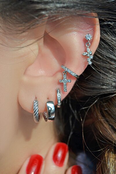 Mu Minamu Cross Earcuff Haç Model Sıkıştırmalı Kıkırdak Küpe Sol