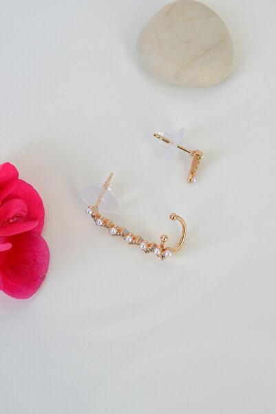 Mu Minamu Zirkon Taşlı İncili Sıkıştırmalı Kıkırdak Küpesi İkili Takım Earcuff ve Küpe