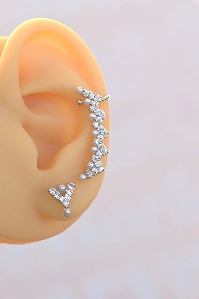 Mu Minamu Zirkon Taşlı İncili Sıkıştırmalı Kıkırdak Küpesi İkili Takım Earcuff ve Küpe