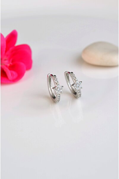 Mu Minamu Yıldız Detaylı Zirkon Halka Küpe Gümüş Renkli