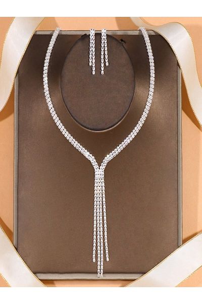 muptejewelry مجموعة إكسسوارات فستان الزفاف المرصعة بالأحجار: قلادة وأقراط الممر المائي