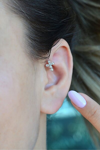 Mu Minamu Haç Figürlü Gümüş Renk 5 mm Mini Cross Halka Piercing Forward Helix...