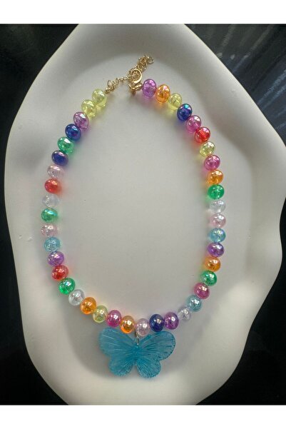 Karlay Mavi Rengarenk Boncuklu Çocuk Kelebekli Kolye