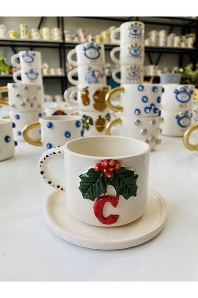 Banuart New Year's Kokina Handmade Gift Ceramic Coffee Cup with Letter C