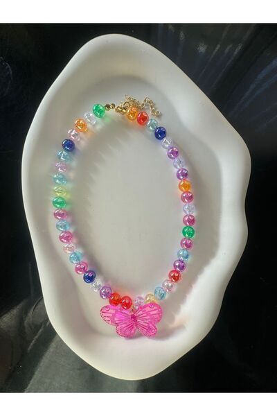 Karlay Pembe Rengarenk Boncuklu Çocuk Kelebekli Kolye
