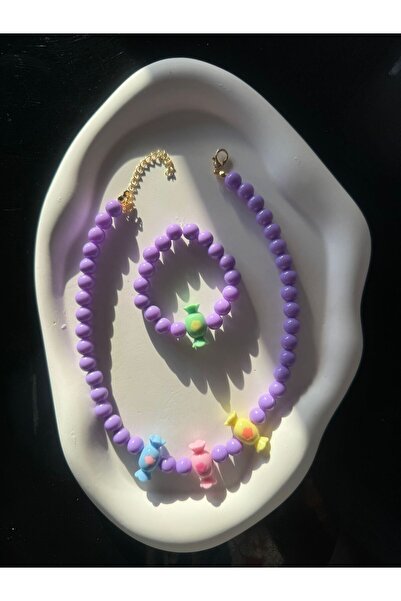 Karlay Mor Çocuk Kolye Bileklik Takımı Şekerli