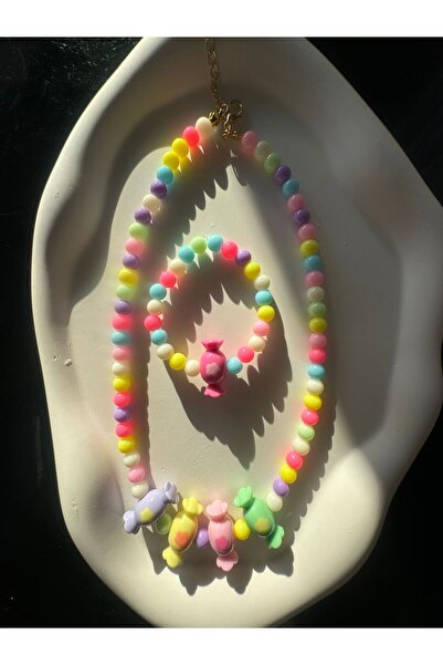 Karlay Rengarenk Çocuk Kolye Bileklik Takımı Şekerli