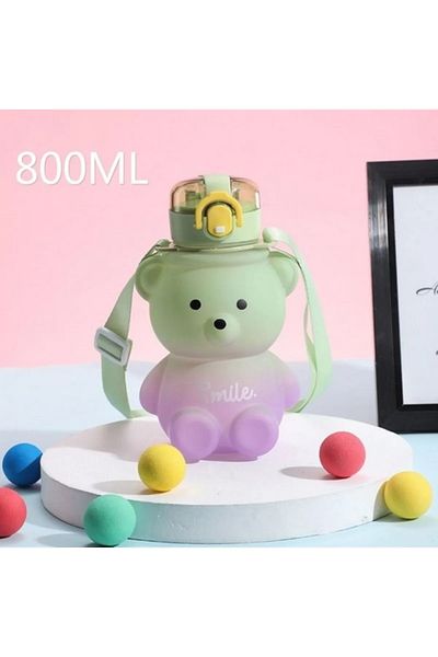 LEON LİFE 800 ml BPA Free Water Bottle - Green-Purple Teddy Bear Model Water Bottle Water Bottle