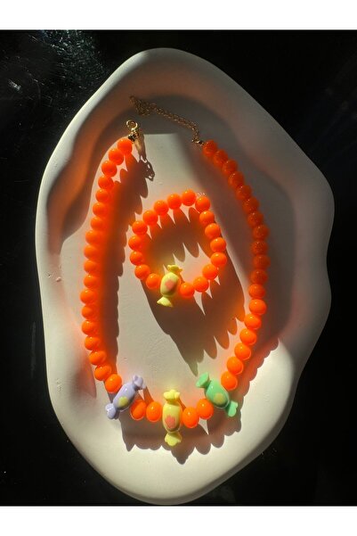 Karlay Turuncu Çocuk Kolye Bilekli Takımı Şekerli