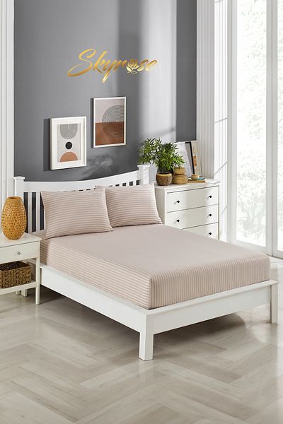 Skyrose Striped Satin Fitted Sheet Set, Hotel and Home Textile, with 3 different Size Options, Dowry Box, Eco