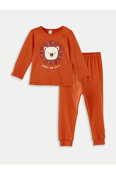 LC Waikiki Lcw Baby - Brick Color Crew Neck Long Sleeve Printed Pajamas Set for Baby Boy