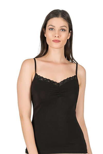 Genel Markalar Önü Büzgülü Dantelli Likralı Pamuklu İp Askılı Kadın Penye Atlet