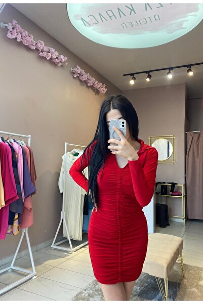 Butik Uzun kollu Kırmızı Elbise