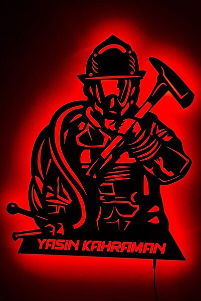 Bifikir Tasarım Itfaiye Led Işıklı Ahşap, Mdf Duvar Süsü, Duvar Dekor Tablo A...