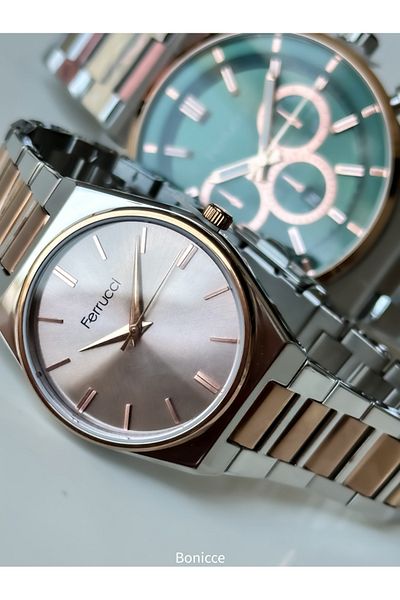 Ferrucci Rose Silver Couple Wristwatches - Rosary Bracelet with Steel Cord