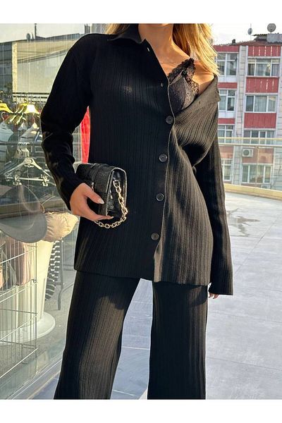 Lusin Black Knitwear Cardigan and Trousers Set - Buttoned, Bottom, Top, Double