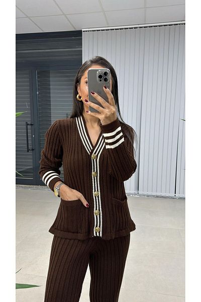 Lusin Top and Bottom Double Gold Button Detailed Knitwear Set - Brown