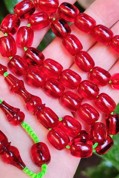 Vip Kehribar 9x11 Mm Transparent Red Perforated Rosary - Ergin Baran Necef