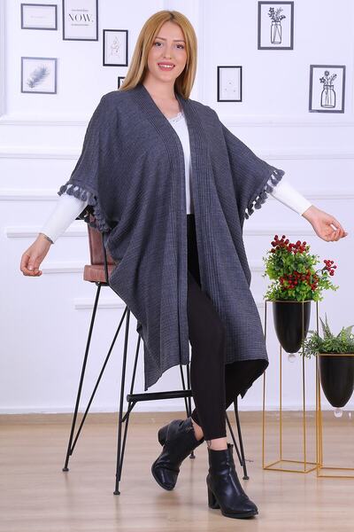 CNR TEKSTİL Women's Gray Colored Sleeves Tassel Detailed Poncho
