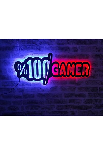 YufiDesign %100 Gamer, Işıklandırılmış Gamer Duvar Dekoru, Ahşap Tablo, Oyunc...