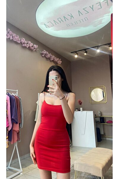 Butik Kırmızı Askılı Mini Elbise