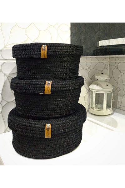 Antioch Art And Design Wicker Bathroom Makeup Sock Towel Organizer - Multi-purpose with Cover, Three Size Black Basket Organizer