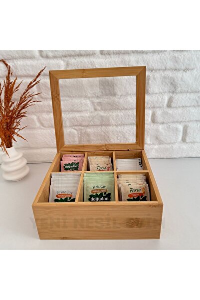 yeninesilevim Ahşap Bambu 6 Bölmeli Kapaklı Çok Amaçlı Çay/toka/takı Kutusu Organizer 24x16x7cm.