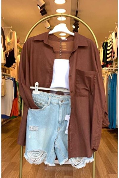 İDA ACCESSORY Kadın Oversize Standart Beden Pamuk Keten İnce Gömlek