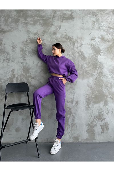 Lusin Purple Hooded Women's Sweat Set - 3 Thread Pants and Sweatpants Set