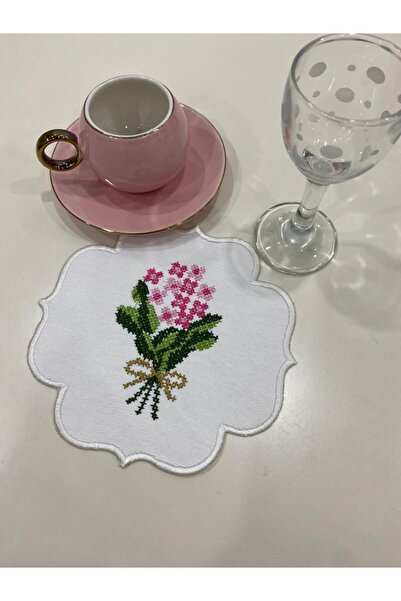 İNCİ ÇEYİZ 6 Pieces Canvas Flower Bouquet Patterned Embroidered Coffee Side Cocktail Napkin & Coaster