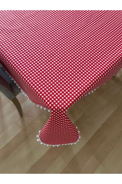 Meral Kurşun Collection Red and White Piti Checked - Liquid Resistant Pompom Tablecloth
